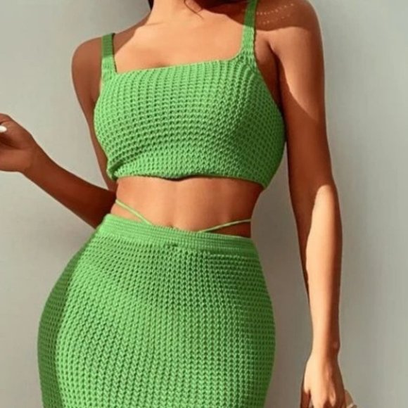 2 piece knit skirt and crop top knit coverup set Green - Picture 14 of 15